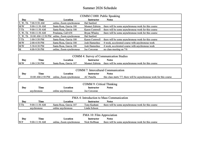 2026 summer schedule